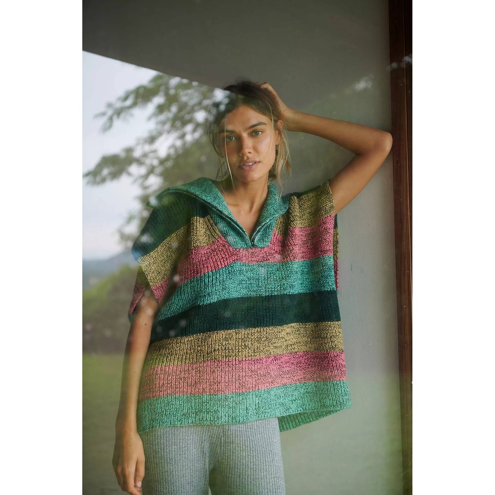 Anthropologie Farrow Striped 1/4 Zip Poncho Vest OS One Size Multicolor Boho